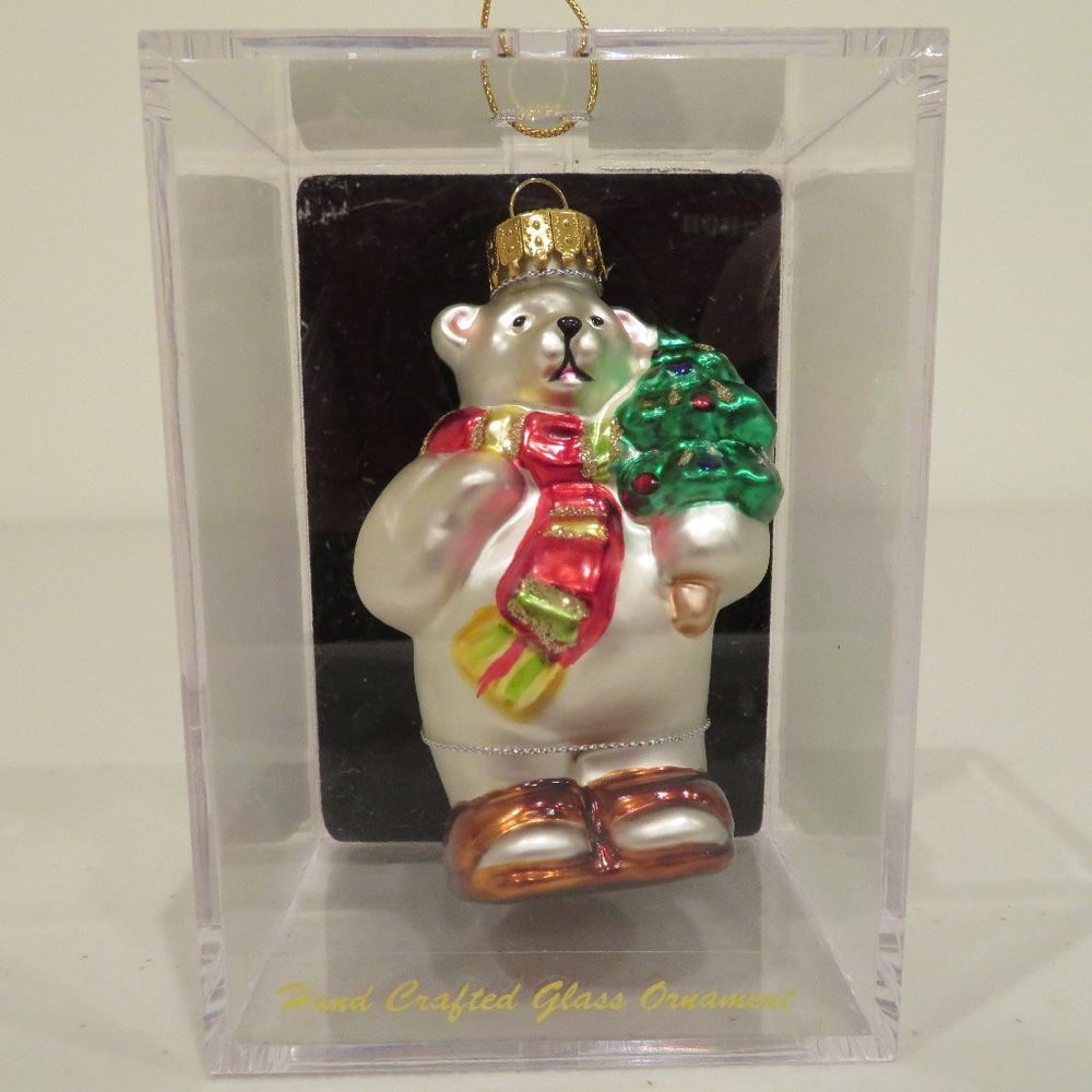Christmas Polar Bear Glass Ornament 3in Handcrafted Gift Box Keepsake